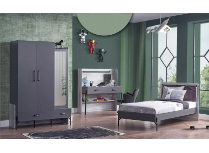 Ensemble de chambre de jeunes gris Chambre d'enfants Chambre Table Armoire Lit 3 pièces.